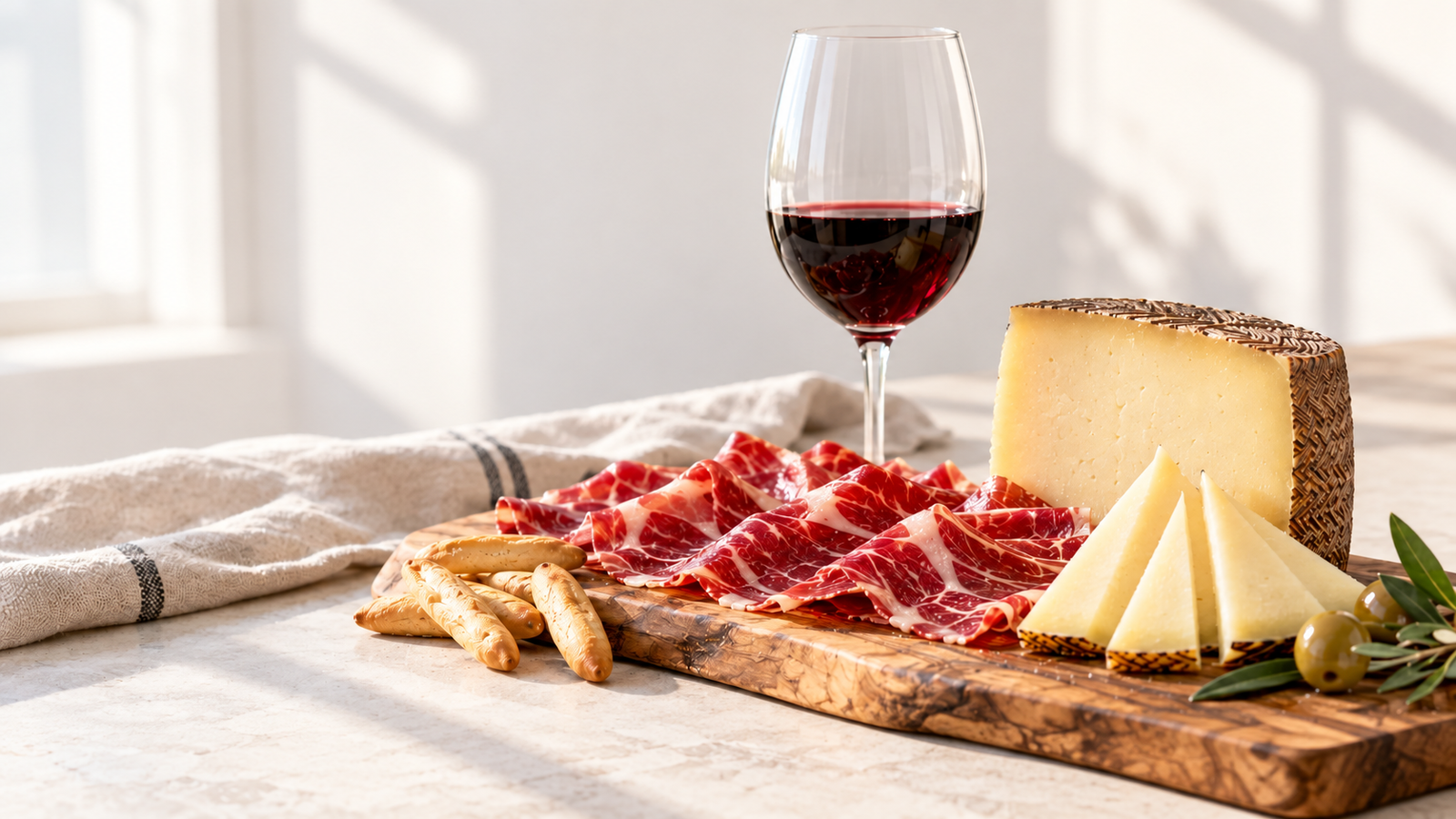 Tabla de jamón ibérico, queso y picos junto a una copa de vino