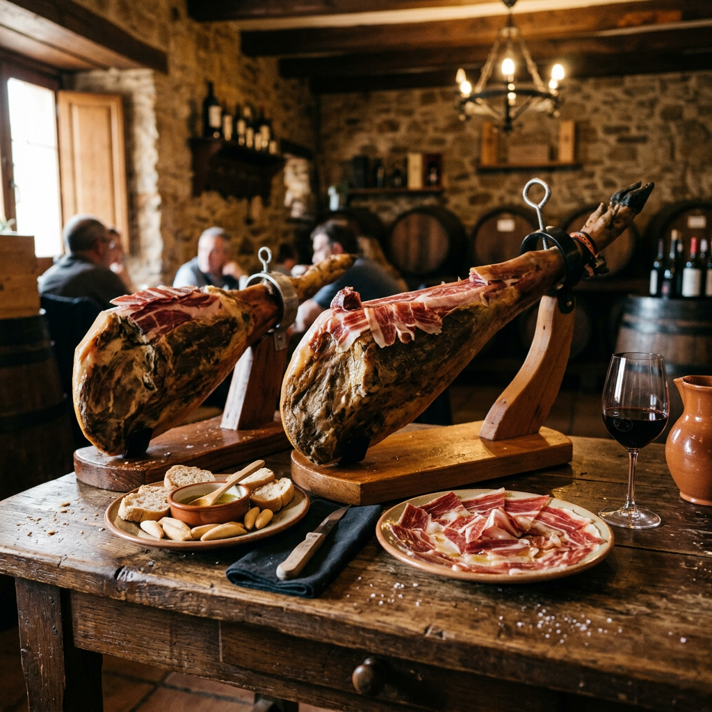 Two cured ham legs on wooden stands with sliced ham, bread, and a glass of red wine on a wooden table