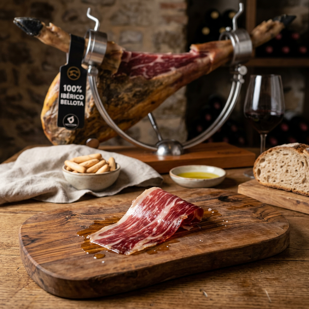 Thin slice of Iberico ham on wooden board with bread, olive oil, and wine