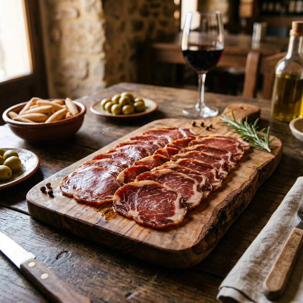 Sliced cured meats arranged on a wooden board with olives and a glass of red wine
