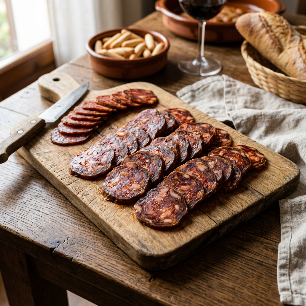 Wooden cutting board with slices of cured sausages and knife