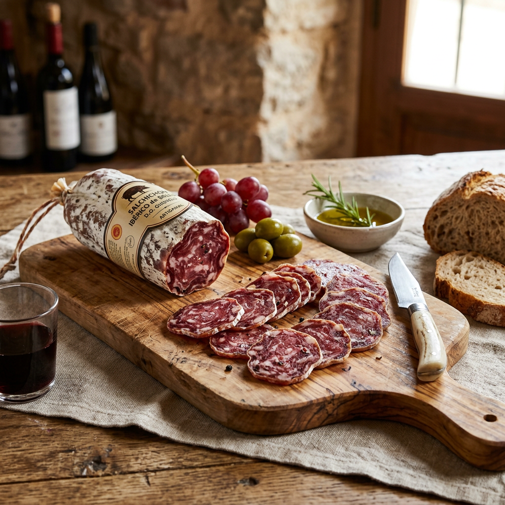 Sliced Spanish salchichón sausage on a wooden board with green olives, red grapes, a bowl of olive oil with rosemary, sliced bread, and a glass of red wine.