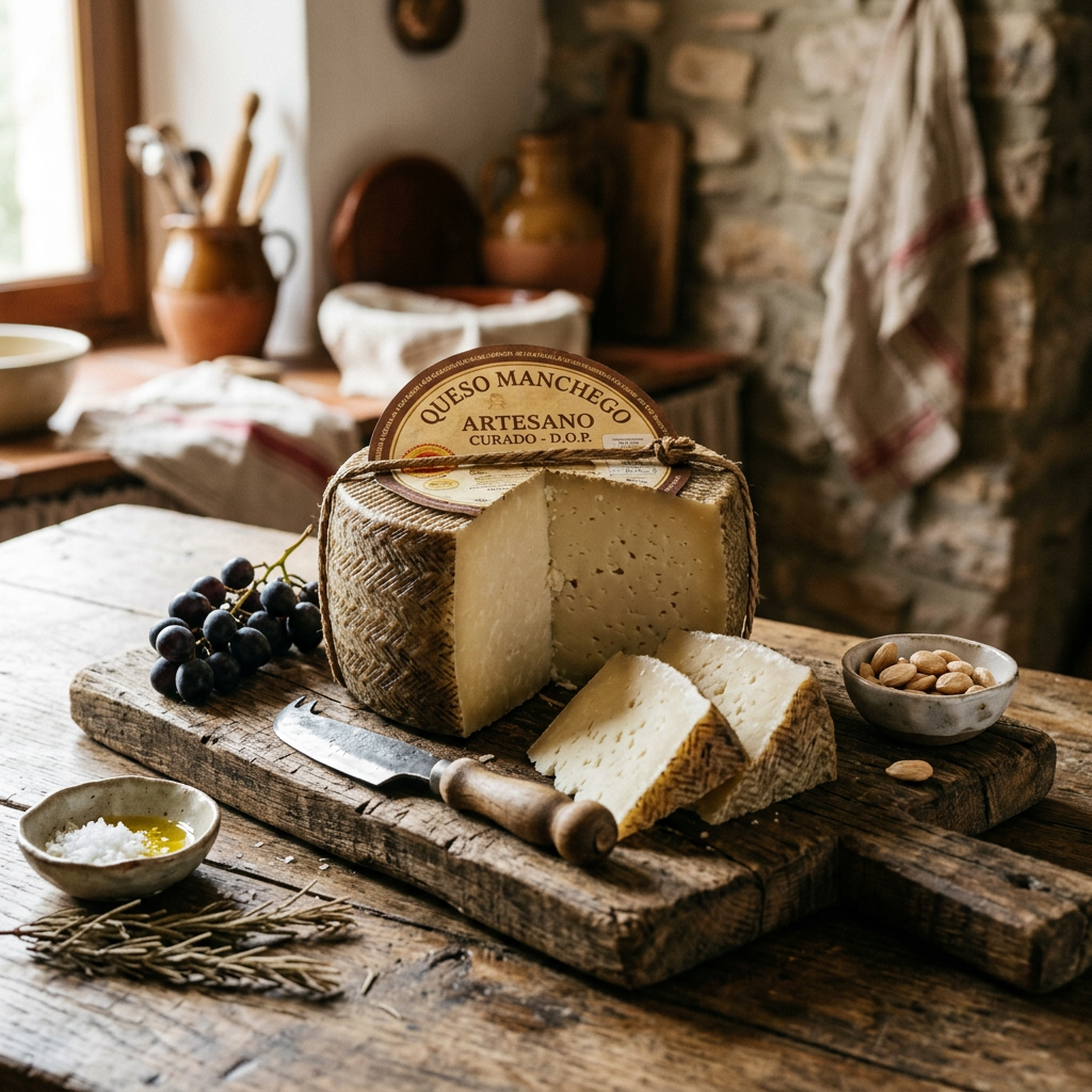 Wheel of Manchego cheese with slices, grapes, almonds, and a knife on a wooden board