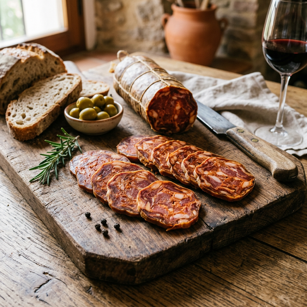 Sliced cured meat, bread, green olives, knife, and a glass of red wine on a wooden board