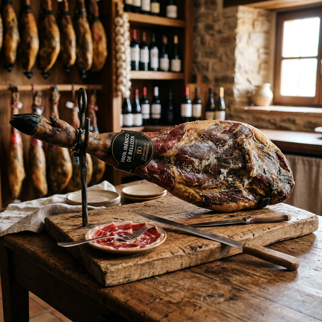 Whole leg of Ibérico ham on wooden stand with slices on a plate and knife