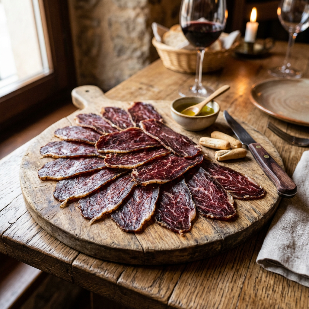 Slices of cured meat on a wooden board with breadsticks, olive oil bowl, and a glass of red wine