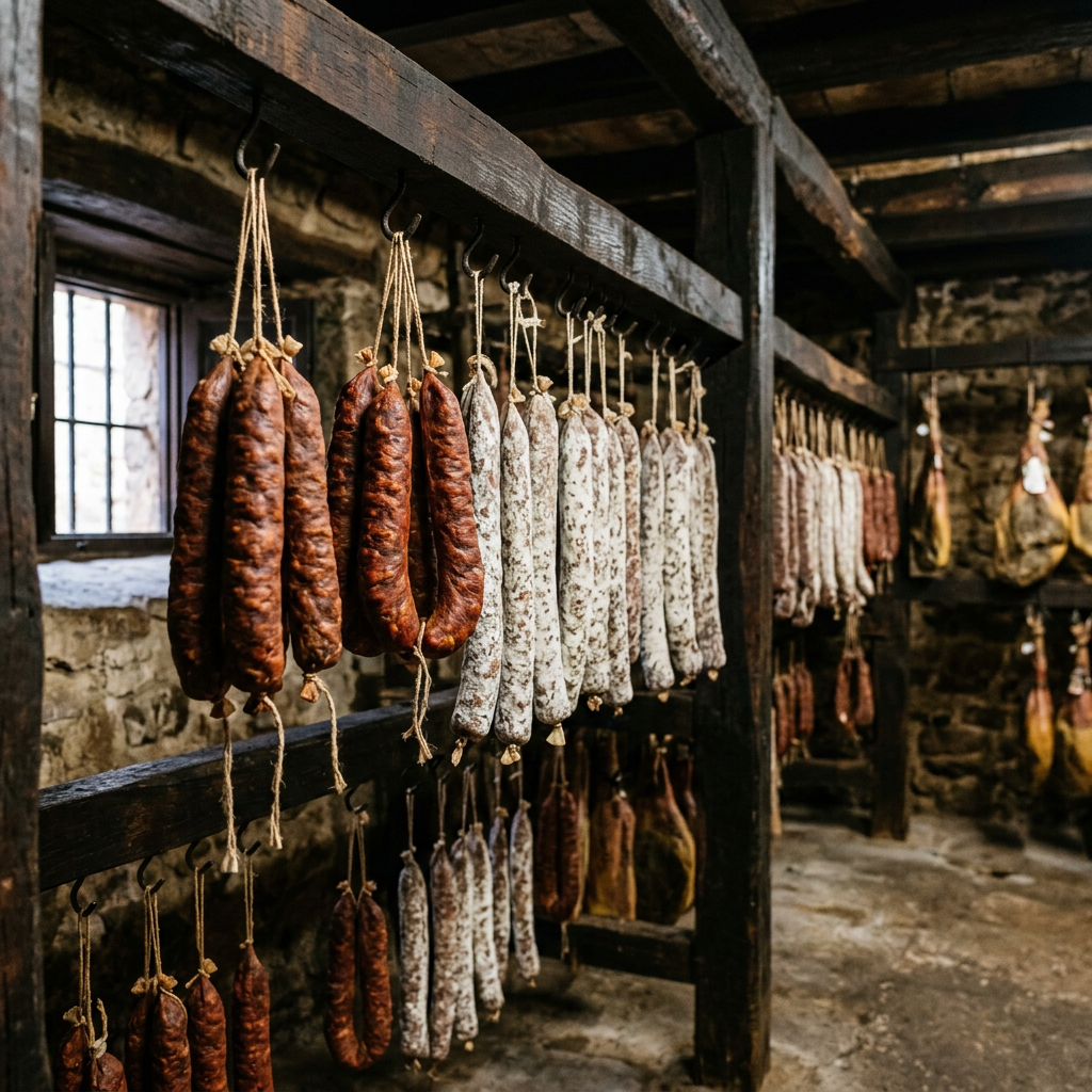 Chorizo and salchichón ibéricos artisan hanging