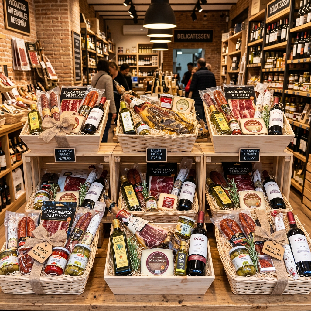 Six Spanish gourmet gift baskets with Iberian ham, sausages, cheeses, olive oil, and wine bottles on display in a delicatessen